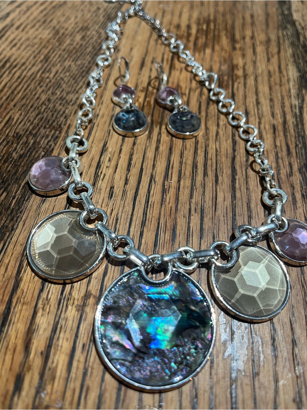 Silver-Tone Abalone Pendant Charm Necklace with Pink Crystal Accents